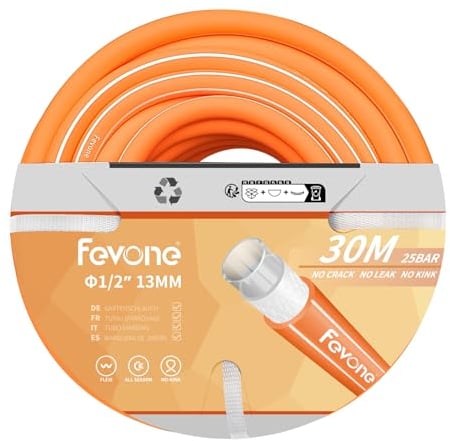 Fevone Manguera de agua 30 metros 13 mm 1/2 pulgadas, 4 capas, 25 bar, resistente y duradera, para exteriores, compresor, manguera de jardín flexible, resistente, naranja