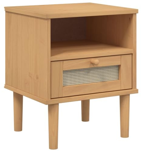 vidaXL Nachttisch, Nachtschrank Rattan-Look, Nachtkommode mit Stauraum für Schlafzimmer, Nachtkonsole Beistelltisch, Braun Massivholz Kiefer