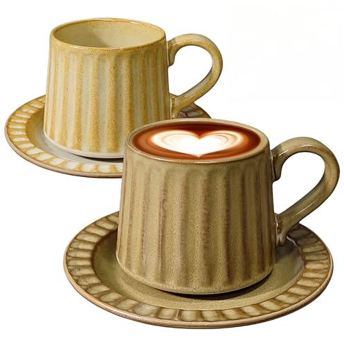 KOPYFANTAP Set di 2 Tazze da Cappuccino con Piattini in Ceramica, Vintage Grande Tazze da Caffè con Piattino, 300ML, Fatto a Mano, Due Colori Diversi, Marrone Misti