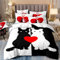 Freyamy Partner Bettwäsche 135x200cm 4teilig Schwarz Weiß Rot 3D Herz Bettwäsche für Paare 100% Mikrofaser Pärchen Bettwaren-Sets Liebe Katzen Bettbezug mit Reißverschluss und 2 Kissenbezug 80x80cm