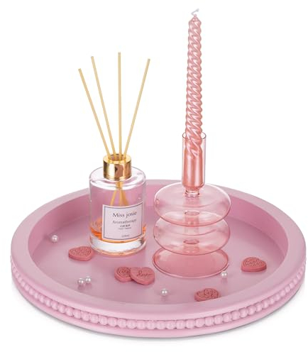 Hanobe Deko Tablett Holztablett Rund: Dekotablett Serviertablett Holz mit Perlen Rand Modern Tabletts Boho Serviertabletts Rundes Kerzen Holztabletts für Küche Tisch Rosa