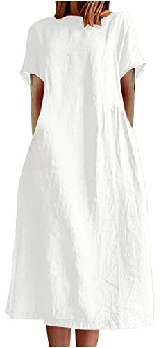 Kleider für Damen, lässig, Sommer, Baumwolle, Leinen, einfarbig, Rundhalsausschnitt, kurzärmelig, einfarbig, Midi-Kleid, Hochzeit, Gästekleid, Party, elegantes Abendkleid, Ballkleid mit Taschen,