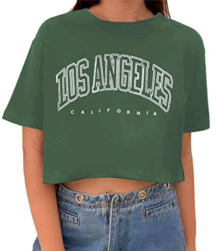 Tomwell T-Shirt Damen Crop Top Kurzarm Sportshirt Sexy Oberteil Bauchfrei Sommer Vintage Crop Tshirt mit Schmetterling Muster Lose Rundhals Teenager Mädchen Tops A Dunkelgrün S