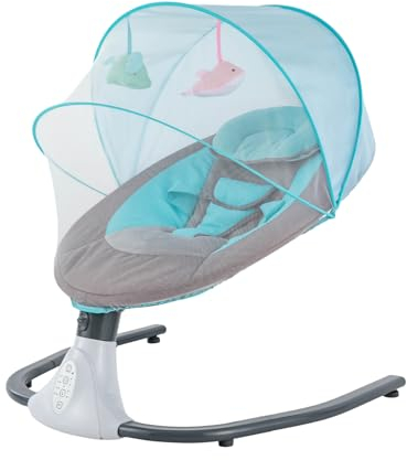 ARBGO Altalena elettrica per neonato con 2 giocattoli, poggiatesta imbottito, zanzariera, altalena elettrica per bambini, cintura a 3 punti dalla nascita fino a 18 kg, blu