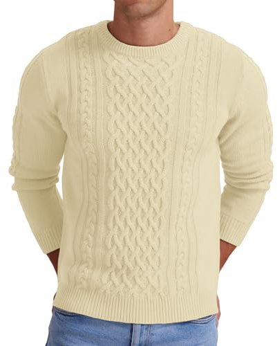 Hisir Pull Homme Hiver Cablé épais Col Rond Chaud Manches Longues Pullover Tricoté Col Rond Pulls Hommes