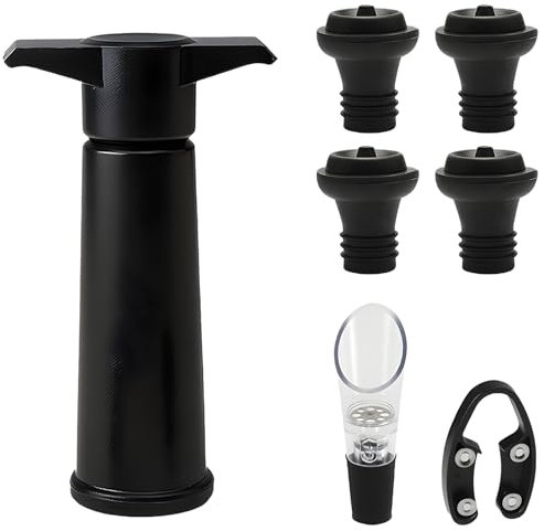 ZIGefofo Pompe à Vin avec 4 Bouchons à Vide 1 Aérateur à Vin Bec Verseur 1 Foil Cutter Vin Bouteille Enlever L'air de la Garder Le Vin Frais Accessoires Réutilisables pour le Vin(Noir)
