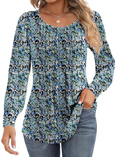 Cuptacc Langarmshirt Damen Rundhals Puff Ärmel Mit Knöpfen Tshirt Plissee Lässig Herbst Damen Top Schwarz Blau Blumen Mittel M 38-40