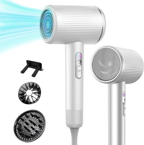 Secador de Pelo Ionico, 2400W Secador Portátil, Secado Rápido, 3 Temperaturas/2 Velocidades, 2 Concentradores y 1 Difusor, Secador de Pelo Ligero para Salón de Casa, Viajes, Mujeres, Niños (Blanco)