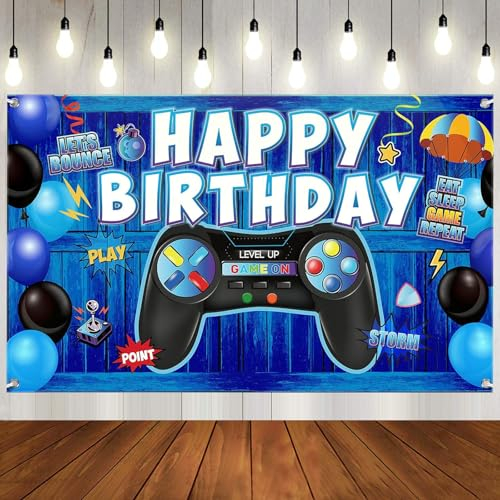 DazzJoy Happy Birthday Spiele Banner, 180x110cm Geburtstag Hintergrund, Gaming Dekoration für Party, Kindergeburtstag Deko Jungen
