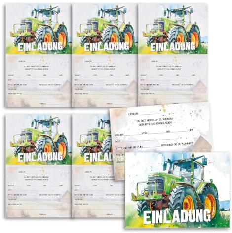 YOYEAH Traktor Einladungskarten Kindergeburtstag Junge, 12 Stück Geburtstagseinladungen Jungen, für Kindergeburtstag, Schulen, Gartenparty und Mottoparty. 15 x 10cm.