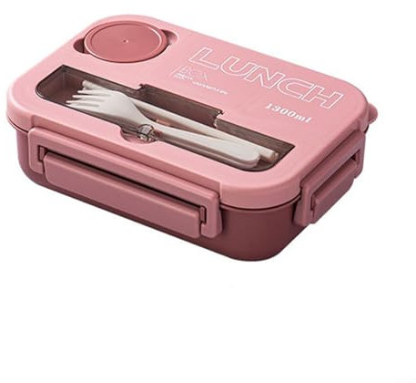 Diseño mejorado a prueba de fugas, lonchera de 4 rejillas con palillos, tenedor y cuchara (rosa)