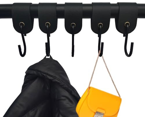 Yemiany Leder S Haken für Kleiderstange, 5 Stück Schwarze Garderobenhaken für Jacken, Tassen, Handtücher, Küche (3 cm x 12.5 cm)