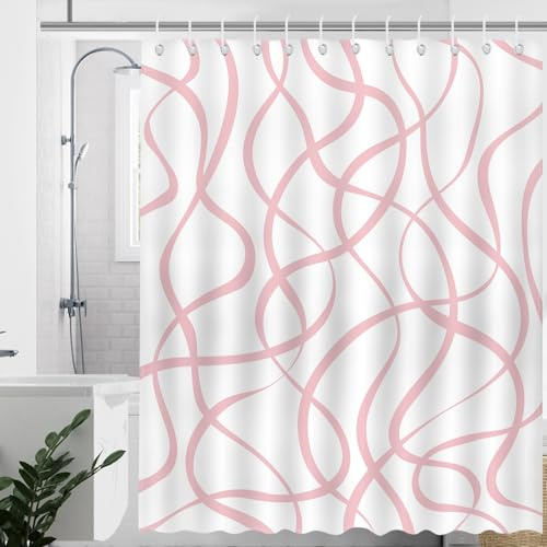Avezano Pink Striped Shower Curtain Modern Abstract Wavy Bathroom Shower Curtain Mid Century Striped Waterproof Fabric Shower Curtains Bathtub Decor with 12 Hooks 72 X 72 Inch (Pink)