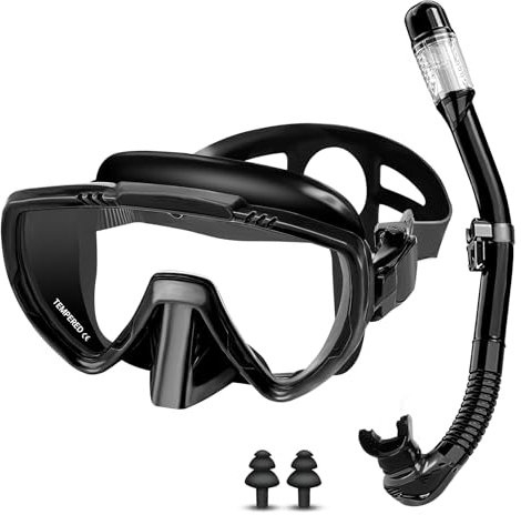 Vasmeiy Set per Snorkeling Adulti con Maschera e Boccaglio, Occhialini da Sub panoramici a 180°, Maschera da Snorkeling Antiappannamento e Anti-Perdite, per immersioni, snorkeling, nuoto (Nero)