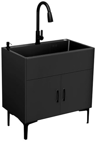 Freistehende Edelstahl-Spüle mit Schrank, tiefer Waschtisch, ausziehbarer Wasserhahn für Hauswirtschaftsraum, Garage, Küche, Diele