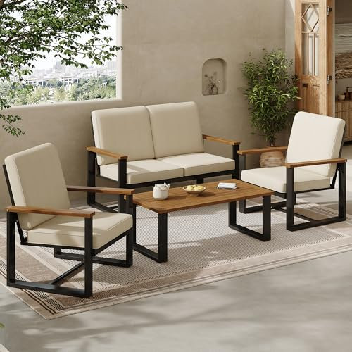 Merax 4-teilig Gartenmöbel Set, mit 2-Sitzer-Sofa, 2 Sessel & Couchtisch, Loungemöbel aus verzinkter Stahl, hohe Rückenlehne, Akazienholzplatte, für Garten, Terrasse & Balkon, Beige
