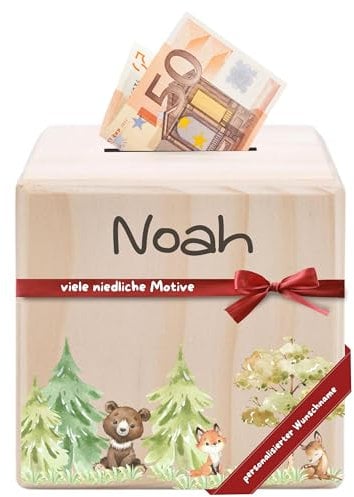 DEschenk Spardose personalisiert aus Holz – Spardose Kinder personalisiert, Sparschwein Baby als Geschenkidee, perfekte Kinderzimmer Dekoration für Jungen und Mädchen (Waldtiere)