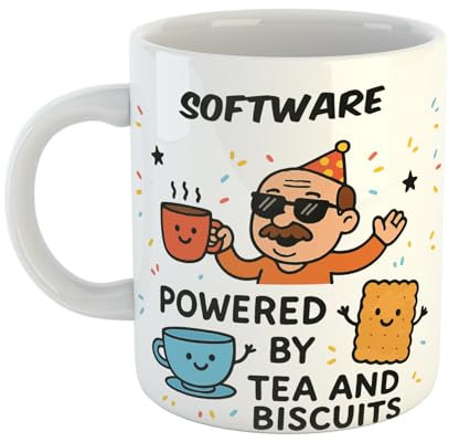 Just The Shirt Software Tester Powered by Tea and Biscuits Funny Coffee Mug Gift for Office Desk, Home or Workplace, Ideal Present for Birthdays or Retirement