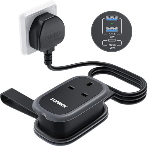 TOPREK Travel Extension Lead with USB Slots, Extension Cable with USB C(20W PD3.0 Fast Charging)& 2 USB A(18W Fast Charging), 3250W/13A, 1.13M Rollable Extension Cord for Travel