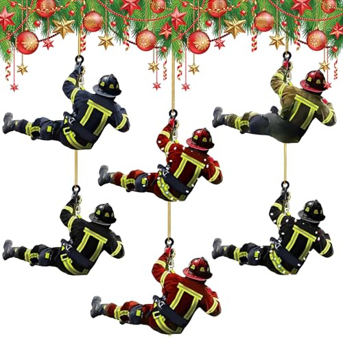 Feuerwehrmann Weihnachten Deko 6 Stück, Weihnachtsbaum Feuerwehrmann Acryl Ornamente, Feuerwehrmann Ornamente Zum Aufhängen, Weihnachtsdekoration Zum Aufhängen für Baum, Wandfenster