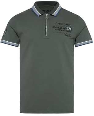 Camp David Herren Pikee-Polo mit Zipper und Rücken-Artwork Dark Forest, XL