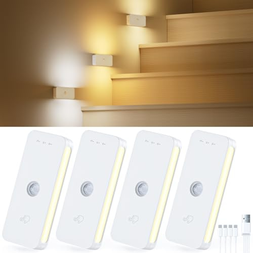 Nachtlicht Mit Bewegungsmelder, Aufladbar Treppenlicht Bewegungsmelder Innen, 3 Modi und 3 Farbtemperaturen Dimmbar Treppenbeleuchtung für Treppe, Küche, Flur, Kinderzimmer(4 Stück)