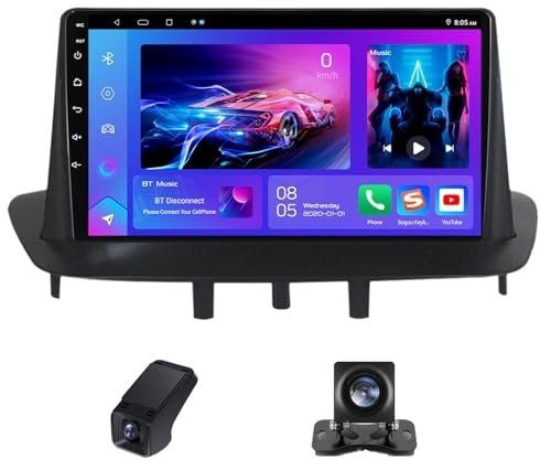 Carplay Android Radio Coche 2 DIN para Renault Fluence Megane 3 2008-2014 con 9 Pulgadas Pantalla, Autorradio Bluetooth con WiFi/Radio FM Navegación GPS+Cámara de Visión Trasera(X2)