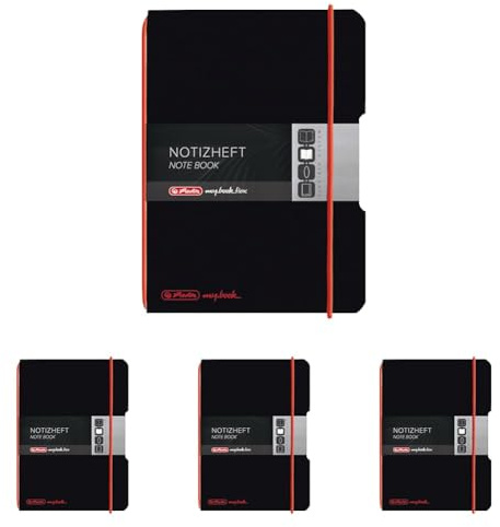 Herlitz Notizheft my.book flex, A6, schwarzes Wechselcover, kariert, mit rotem Verschlussgummi, 40 Blatt (Packung mit 4)