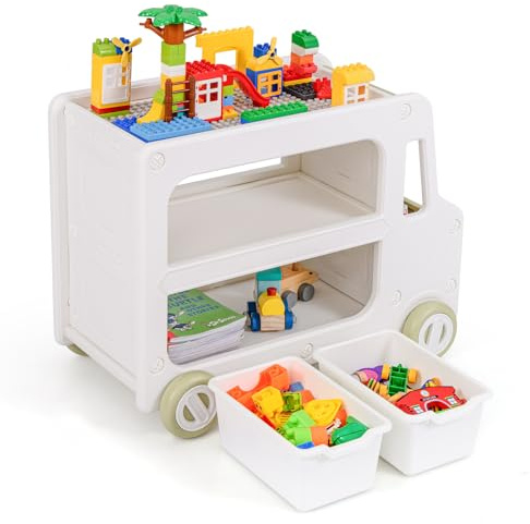 DREAMADE 2 in 1 Kinder Aufbewahrungsregal, Autoförmiges Kinderregal mit Baustein-Tafel, Körben & Rollen, Spielzeugregal Bücherregal für Wohnzimmer, Kinderzimmer & Spielzimmer (Weiß+Grün)