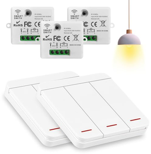 Funkschalter 230V RF433 Funk Lichtschalter Ohne Batterie, Funklichtschalter Set, Wandlicht Funkschalter, Funk Wechselschalter Keine Verkabelung Erforderlich für Smart Home (3 Empfänger + 2 Schalter)