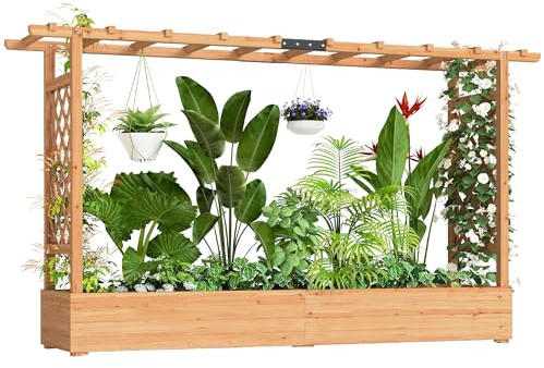 Outsunny Jardinière Surélevée avec Treillis Latéral et Supérieur, bac à Fleurs, lit surélevé Trous de Drainage, pour Plantes grimpantes, légumes, Fleurs, extérieur, Bois Massif, Bois Naturel