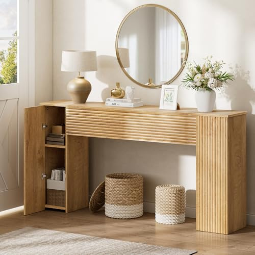 Mossora 61'' Fluted Long Console Table, Wooden Rectangular Sofa Table, Narrow Entryway Table with 2 Hidden Storage Cabinets for Entrance, Hallway, Living Room, Foyer, Wood