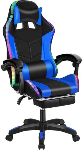 Gaming Chair, Ergonomic LED Lights Chairs with Footrest Massage Lumbar Support, PU Leather 360° Swivel Recliner Headrest,for Adults(Black Blue)