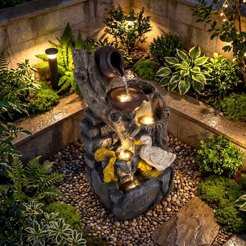 COSTWAY 5-stufiger Springbrunnen, Gartenbrunnen mit LED Beleuchtung & Pumpe, Kaskadenbrunnen Kunstharz, Steinoptik & Entenmotiv, Zimmerbrunnen draußen, Wasserfall Brunnen Garten, 30 x 27 x 57 cm