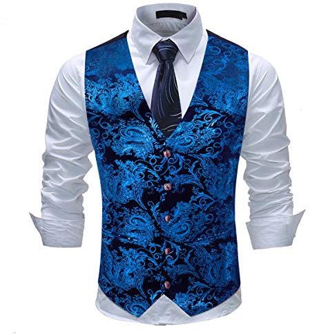 Allthemen Mens Paisley Jacquard Suit Gilet Monopetto Vest Slim Fit Button Down Prom Abito Formale Gilet Blu S