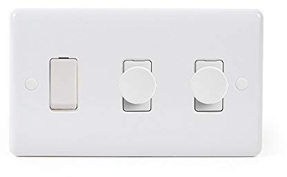Lieber Silk White 3 Gang Light Switch with 2 Dimmers (2 Way Switch & 2X Trailing Dimmer) - Curved Edge