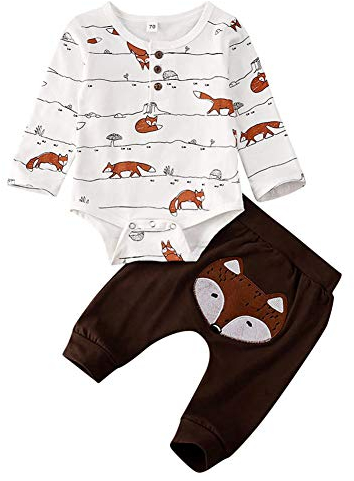 Geagodelia 3tlg Babykleidung Set Baby Jungen Kleidung Outfit Body Strampler + Hose + Mütze Neugeborene Kleinkinder Weiche Babyset Tier (0-3 Monate, Fuchs (Weiß & Braun - Langarm))