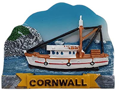 Thomas Benacci Cornwall Trawler Blue Sky and Cliffs Fridge Magnet - Fishing Boat - Cornish Souvenir for Visitors of Portreath Newquay Looe Tintagel or Truro