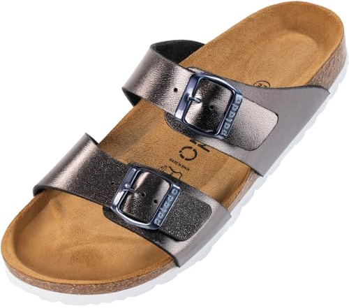 Palado Pantoletten Damen Samos - elegante Sandalen Made in Spain - bequeme Hausschuhe mit dämpfendem Kork-Fußbett - modische Sommerschuhe Metallic Anthrazit UK4,5 - EU37