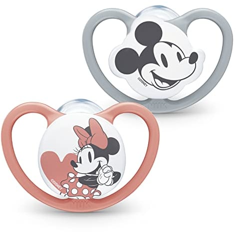 NUK Space Schnuller | 18-36 Monate | Schnuller mit extra Belüftung | BPA-freies Silikon | Disney Mickey Maus | grau und rosa | 2 Stück