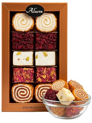 Alucra Turkish Delight Geschenkset 250g – Finest Mixed Set mit Pistazien Haselnüssen Schokolade Vanille Rosenblättern Granatapfel Berberitze – Frisch handgemacht in Deutschland – Lokum Pralinen Box