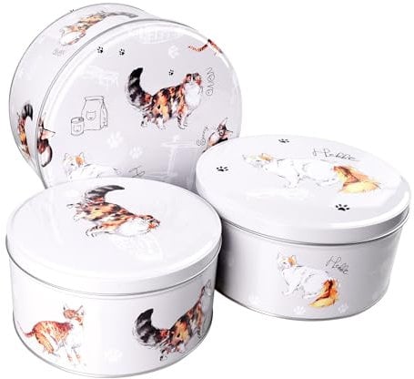 SiXsigma Sports Set of 3 Round Nesting Cake Storage Tins - Airtight Containers for Cakes, Biscuits & Sweets Large, Medium & Small Sizes - Perfect Mothers Day Gifts For Kitchen (Cats-Grey)