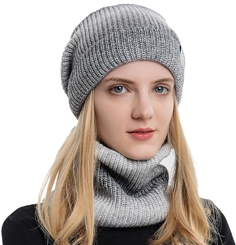 WANYIG Wintermütze Strickmütze mit Schal Damen Warme Mütze Beanie Herbst Winter Schal und Mütze Set 56-60CM (Farbverlauf Grau)