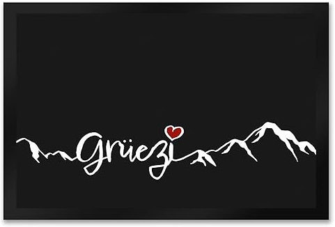 speecheese Fußmatte XXL in 50x75 cm mit Grüezi-Schriftzug Herz und Bergen Schweiz Fußmatte XXL in 50x75 cm in grau, weiß und rot Geschenkidee Gebirge Hochgebirge mit Herz