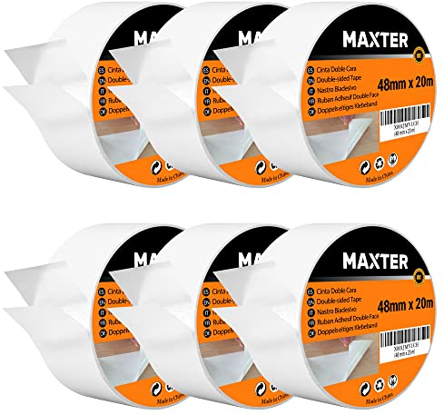 Maxter Ruban Adhésif Double Face Extra Fort, Fin et Transparent pour Bricolage, Artisanat et Scrapbooking 48 mm x 20 m (6 Rouleaux = 120 m)