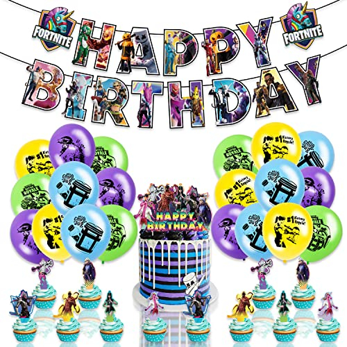 Junge Geburtstag Dekoration, 36 Stück Video Spiel Geburtstagsfeier, Enthält banner, Cupcake Topper, Großer Kuchen schmücken, balloons für Kindergeburtstag Party Supplies Deko