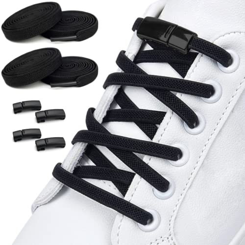 DALLAR Cordones Elasticos Sin Atar - Cordones Ajustables Resistentes con Cierres Magneticos - Aptos en Zapatos y Zapatillas - Para Niños y Adultos (2 Pares Negros Planos)