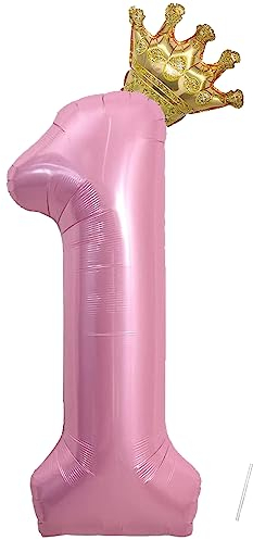 Geburtstag Folienballon Zahl 1 Mit Krone, 101 cm Rosa Luftballons, Helium Ballon, Mädchen Geburtstag Luftballon Deko Hochzeit Jubiläum Fest Party Dekoration - Fliegt Mit Helium