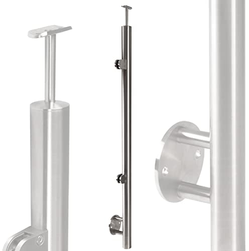 Edelstahl Geländerpfosten Endpfosten Links mit Glashalter 6mm und Handlauf-Träger - 42,4mm - Wangemontage - V2A - seitliche Montage vormontiert Glasgeländer Geländerstützen Pfosten Zaunpfosten aussen
