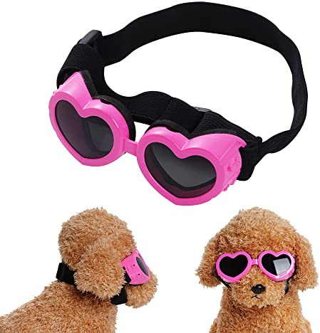 choyaxo Hundesonnenbrille für kleine Rassen, UV-Schutz, Herzform, Hundesonnenbrille mit verstellbarem Riemen, winddicht, Anti-Beschlag-Sonnenbrille, Motorrad-Hundebrille für kleine Hunde (Rosa)